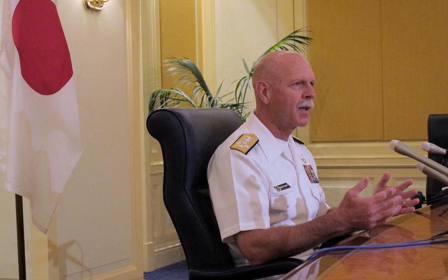Pacific Fleet commander Adm. Scott Swift speaks with reporters at the New Sanno Hotel in Tokyo on Tuesday, July 21, 2015. Swift said that most interaction and dialogue with the Chinese military has been cordial and positive.