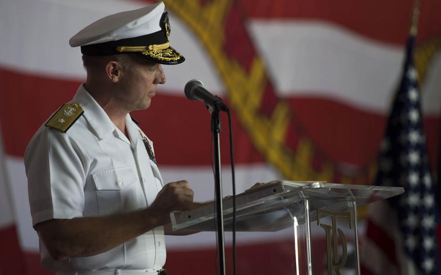 Rear Adm. Roy J. Kelley, incoming commander for the Roosevelt carrier strike group, at a change of command ceremony aboard the aircraft carrier USS Theodore Roosevelt Tuesday, July 21, 2015.  The Roosevelt and its carrier strike group both got new commanders during while the ship is in Bahrain during a short break from an eight-month deployment in the Middle East.