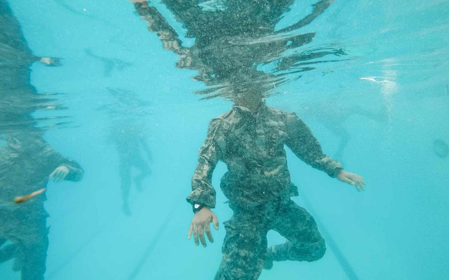 U.S. Army Reserve combat engineers from the 374th Engineer Company tread water during Combat Water Survival Training at Fort Hunter Liggett, Calif., July 17, 2015,part of a two-week field exercise known as a Sapper Leader Course Prerequisite Training.