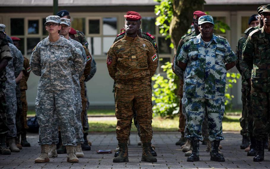 U.S., African and European servicemembers stand in formation during the opening ceremony for Western Accord 2015, a command post exercise, at Harskamp, Netherlands, July 20, 2015.