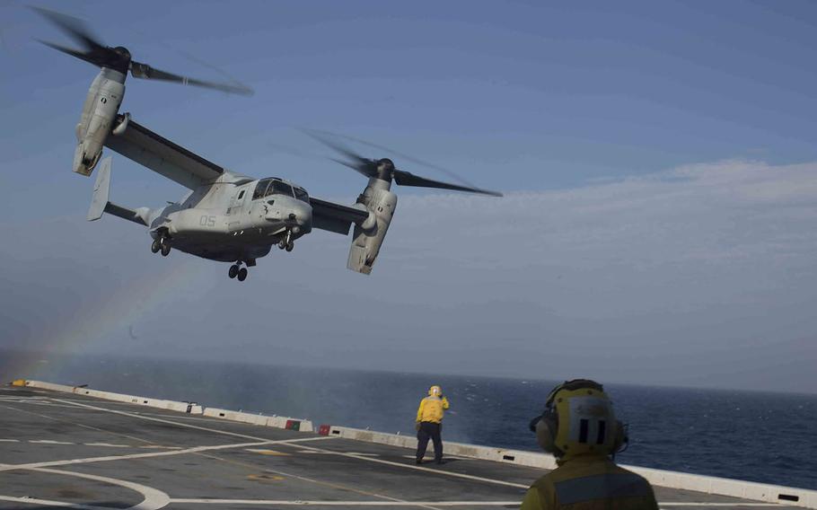 An MV-22B Osprey assigned to Marine Medium Tiltrotor Squadron 162, 26th Marine Expeditionary Unit, takes off from the flight deck of the USS Arlington  in the Atlantic Ocean, July 21, 2015.
