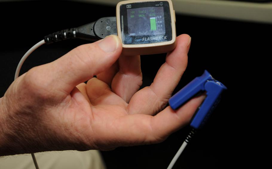 A prototype of the Compensatory Reserve Index device, which monitors the time left before a bleeding patient goes into hemorrhagic shock. Its makers are seeking FDA approval.