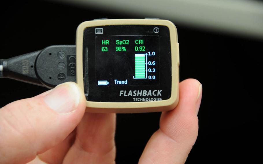 The Compensatory Reserve Index device measures a patient's artery waveform and estimates how long the body will be able to compensate for blood loss, as shown on this prototype readout screen.