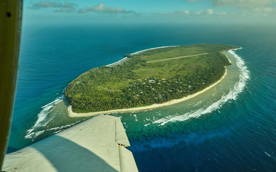 Fais as seen from a charter flight Dec. 8, 2015. Fais is located in the Ulithi Atoll about 175 miles from Yap, the nearest state in the Federated States of Micronesia. A runway just large enough for small aircraft is easily spotted from the air; otherwise the island is only accessible by boat.