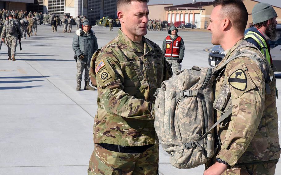 1st "Ironhorse" Armored Brigade Combat Team soldiers arrive at Osan Air Base, South Korea, earlier this month. The Fort Hood, Texas-based brigade is replacing its sister unit, 1st Cavalry's 2nd "Blackjack" Armored Brigade Combat Team, which is wrapping up a nine-month rotational deployment on the Peninsula.