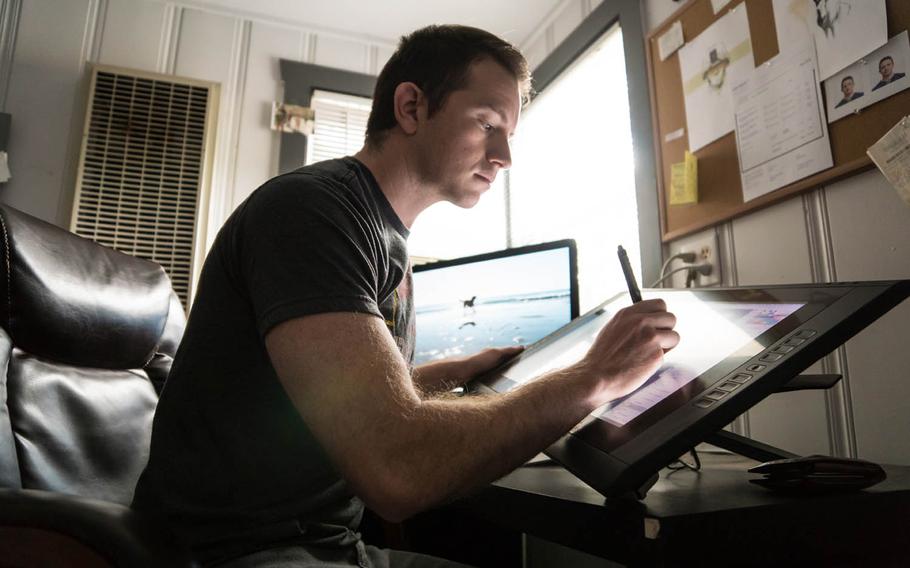 Marine veteran Maximilian Uriarte, who served in the Iraq War, works on a "Terminal Lance" comic strip. The strip has become part of the fabric of the Marine Corps through Uriarte's satirization of Marine grunt and military life. 