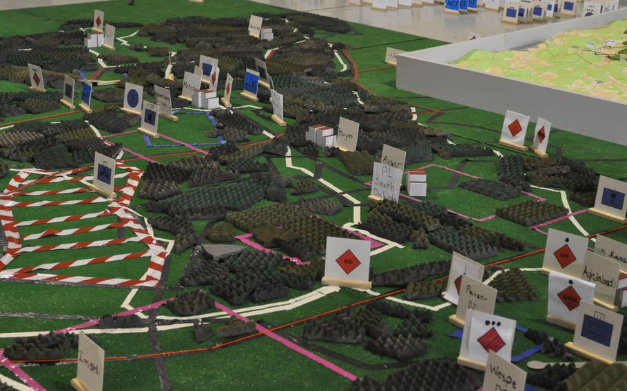 Markers representing units or various points of interest dot a map of an area of Germany that the 173rd Airborne Brigade was set to jump into as part of the Saber Junction exercise starting Monday, April 11, 2016.