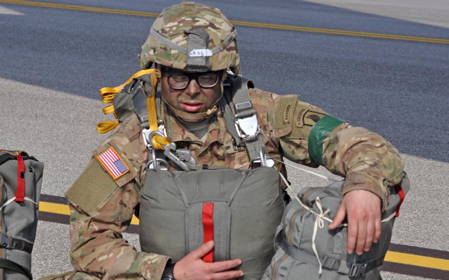 Soldiers from the 173rd Airborne Brigade had their games faces on before a jump into Hohenfels, Germany, on Monday, April 11, 2016, as part of  exercise Saber Junction.