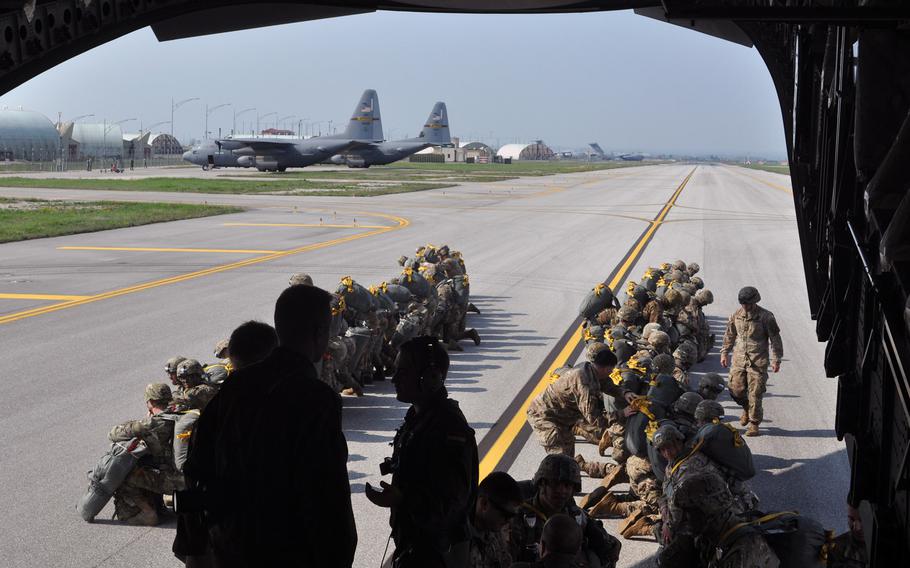 The runway at Aviano Air Base saw a lot of action on Monday, April 11, 2016, with soldiers from the 173rd Airborne Brigade and their equipment boarding more than a dozen cargo planes en route to a jump into Hohenfels, as part of  exercise Saber Junction.