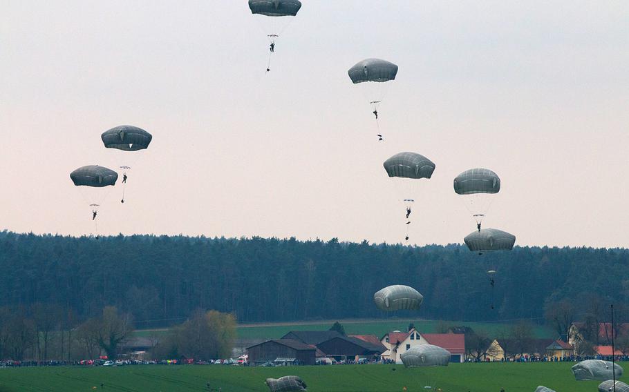 During a U.S. military air assault exercise as part of the U.S. Army Europe-led Saber Junction 16,  paratroopers jumped into fields around the German village of Hoechensee  on Tuesday, April 12, 2016. Normally, such an exercise would take place on an American military installation.