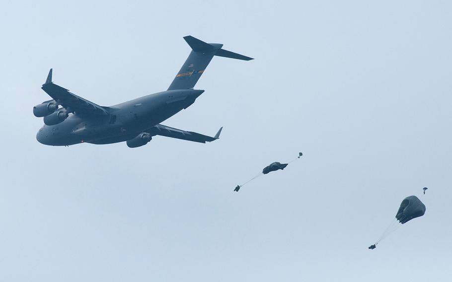 Soldiers belonging to the U.S. Army?s 173rd Airborne Brigade, the Italian Folgore Airborne and the British 16 Air Assault teams dropped into the town of Hoechensee, Germany, on Tuesday, April 12, 2016. They were taking part in the opening round of a war game serving as the main event of the U.S. Army Europe-led multinational training exercise, Saber Junction 16.