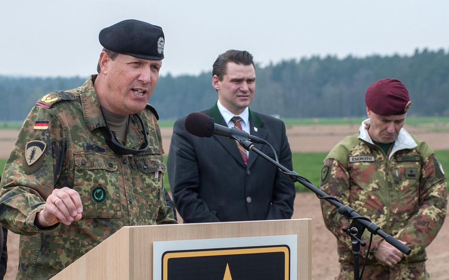 U.S. Army Europe Chief of Staff German Brig. Gen. Markus Laubenthal addresses a crowd at a press conference during an air assault into the German town of Hoechensee as part of Saber Junction 16 on Tuesday, April 12, 2016.