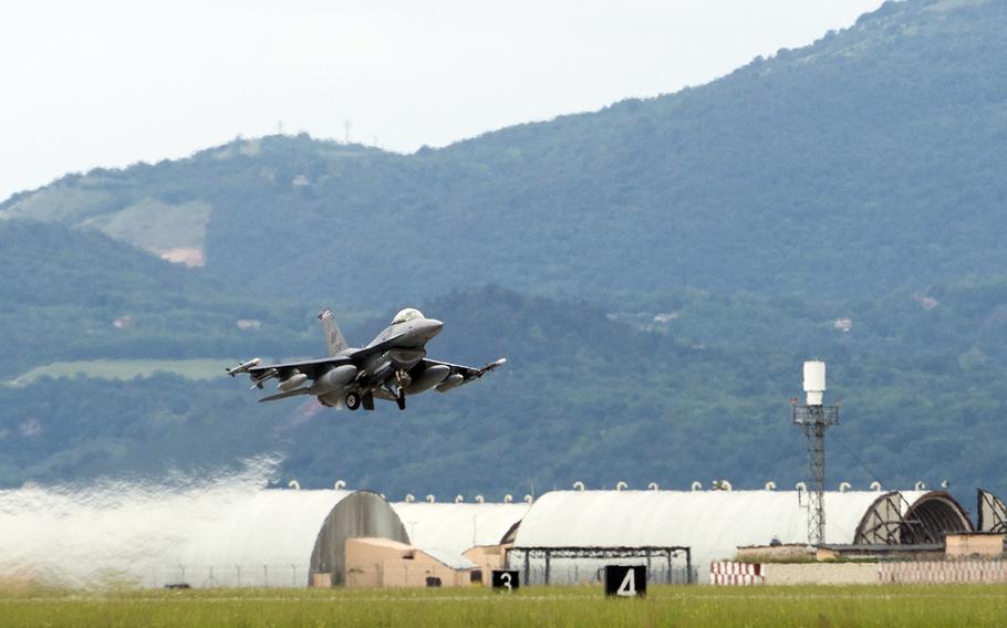 A 510th Fighter Squadron F-16 Fighting Falcon departs Aviano Air Base, Italy, for Poland, on Wednesday, June 1, 2016, to participate in maritime exercise BALTOPS 2016. The exercise allows participating nations to demonstrate air defense, maritime interdiction, anti-subsurface warfare, mine countermeasures and amphibious operations.