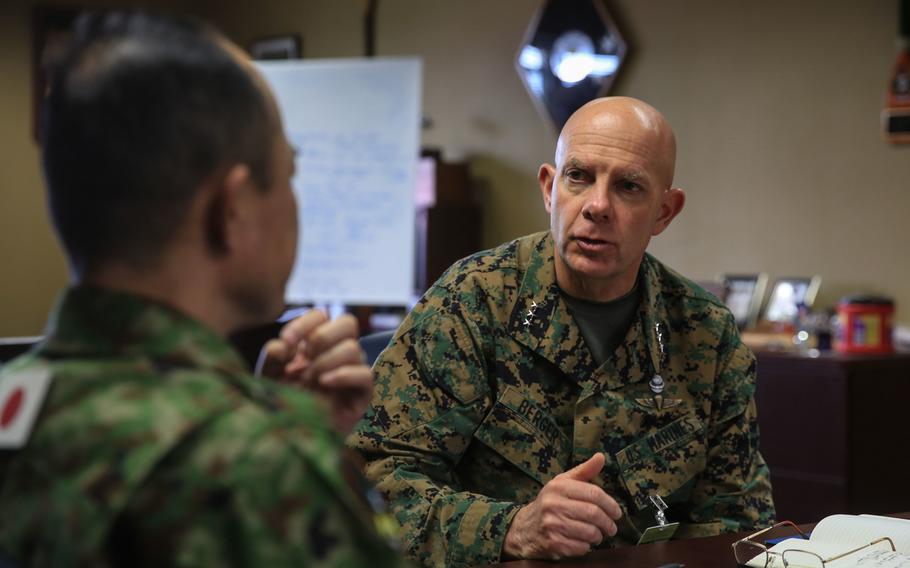 Marine Lt. Gen. David H. Berger, right, talks with Japanese  Maj. Gen. Shinichi Aoki, Deputy Chief of Staff, about training exercises taking place during Exercise Iron Fist 2016 at Marine Corps Base Camp Pendleton, Calif., on Feb. 17, 2016. Berger has been nominated to over command of Marine Corps Forces, Pacific.
