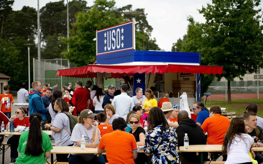 Athletes, volunteers, friends and family eat lunch during the Spring Special Olympics at Ramstein Air Base, Germany, on Friday, June 3, 2016. More than 70 athletes and 300 volunteers participated in the event.

Michael B. Keller/Stars and Stripes