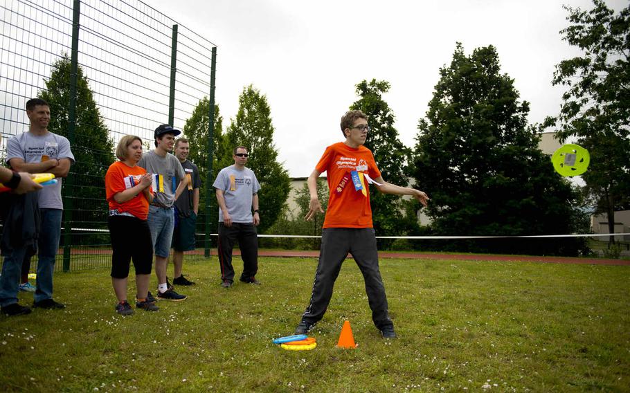 Wiesbaden High School's Conrad Grow throws a Frisbee for distance during the Spring Special Olympics at Ramstein Air Base, Germany, on Friday, June 3, 2016. 

Michael B. Keller/Stars and Stripes