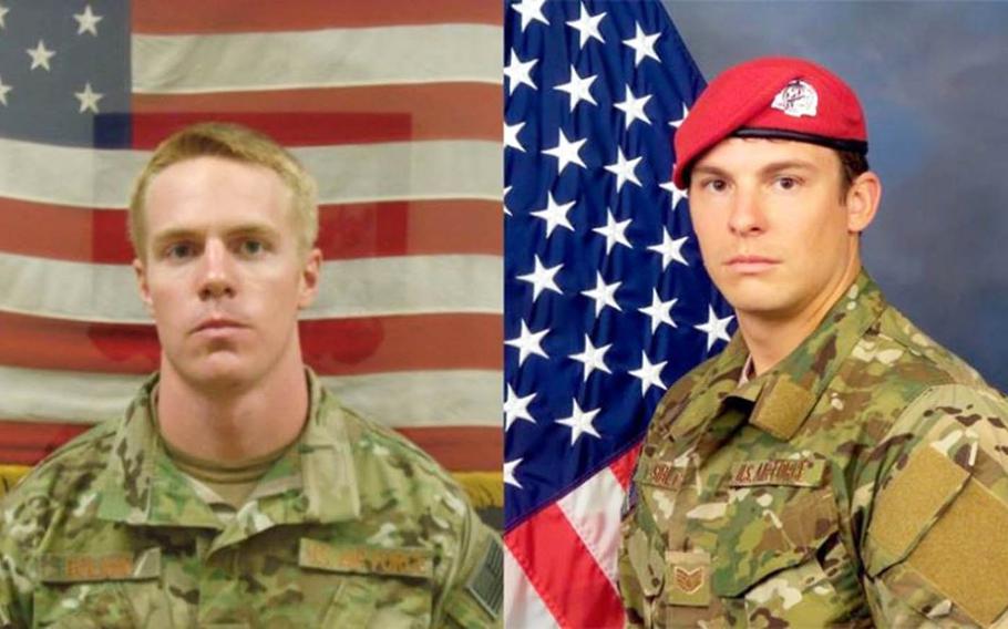 Matthew D. Roland, left, was shot and killed along with Staff Sgt. Forrest B. Sibley, right, on Aug. 26 after a gunman opened fire on their bus at an Afghan-led security checkpoint near Camp Antonik in Afghanistan's Helmand province.