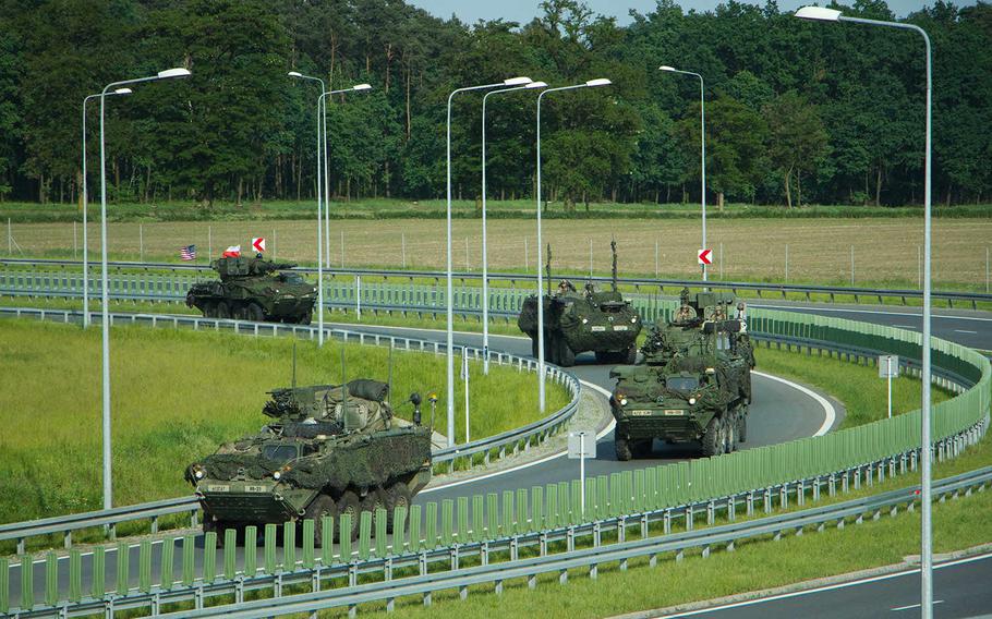 Task Force Saber, under the command of the U.S. Army?s 4th Squadron, 2nd Cavalry Regiment, travel through Poland on Friday, June 3, 2016, as part of a more than 1,400-mile convoy operation Dragoon Ride II. This exercise will run through the Polish-led, multinational training event Anakonda 16, which kicked off Monday, June 6, 2016, with a ceremony in Warsaw, Poland. 

Jennifer Bunn/U.S. Army