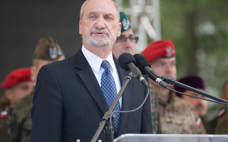 Polish Defense Minister Antoni Macierewicz gives his opening remarks at the opening ceremony of Anakonda 16, held at the National Defense University of Warsaw on Monday, June 6, 2016.