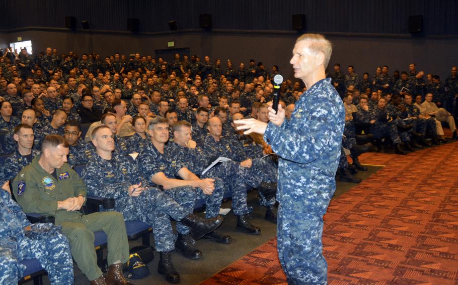 Vice Adm. Joseph Aucoin, commander of the Navy's 7th Fleet, talks with sailors about recent restrictions on liberty and alcohol consumption during a meeting at Yokosuka Naval Base, Japan, on June 7, 2016.