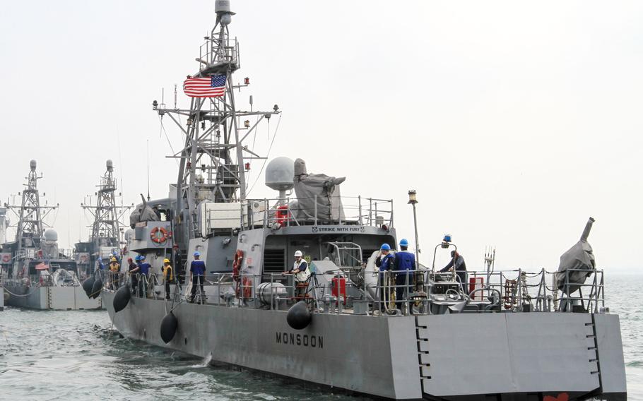 The USS Monsoon moves to a spot alongside the pier at Naval Support Activity Bahrain, Aug 28, 2014. The ship has received the U.S. Atlantic Fleet's 2015 Marjorie Sterrett Battleship Fund Award.