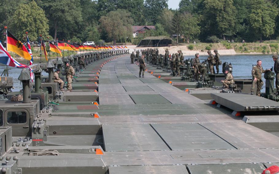 A combined group of British and German soldiers assembled this bridge on Wednesday, June 8, 2016, as part of the Polish-led Anakonda multinational training event currently underway in Poland.