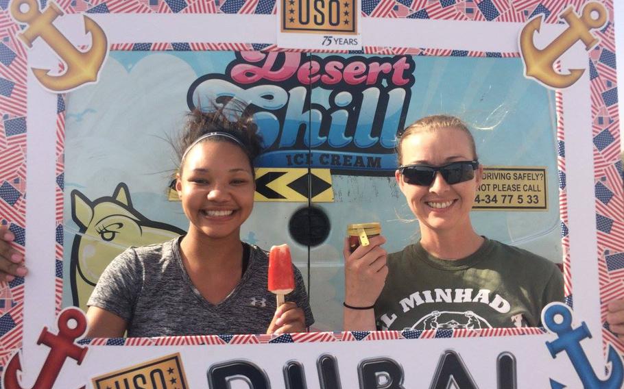 The USO provides an ice cream truck for servicemembers to cool off in the hot desert atmosphere in Dubai.
