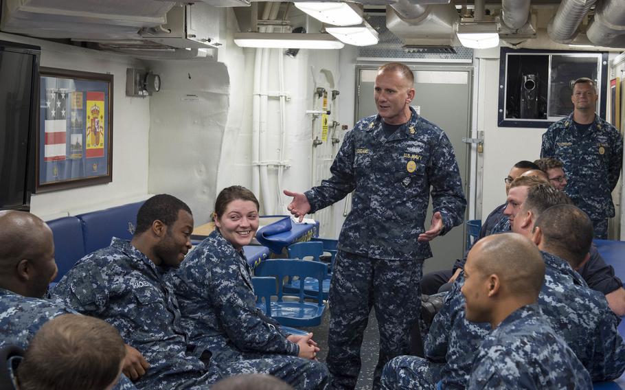 U.S. Naval Forces Europe-Africa Fleet Master Chief Steven S. Giordano answers questions from sailors on the mess deck aboard the guided-missile destroyer USS Donald Cook in July, 2015. Giordano has been selected as the next master chief petty officer of the Navy.