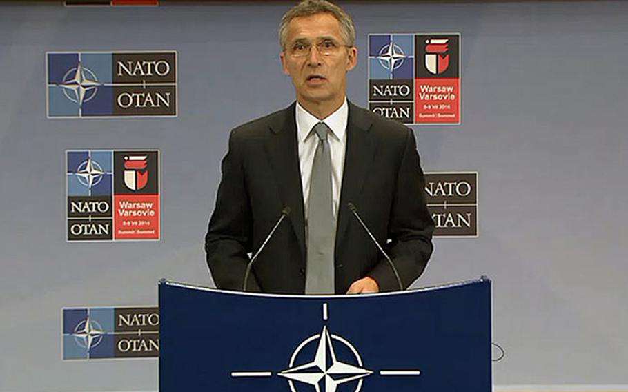 NATO Secretary-General Jens Stoltenberg briefs the media Monday, June 13, 2016, on the agenda for this week's meeting of NATO defense ministers.