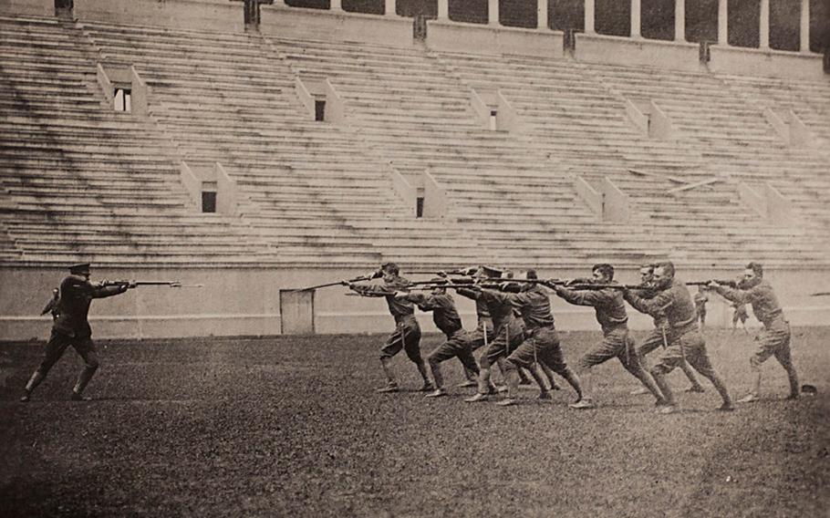 Harvard students conduct bayonet drills at Harvard Stadium in this Harvard University Archives photo dated 1917-18. ROTC programs for all services are active again at Harvard after a more than four-decade absence sparked by protests during the Vietnam War.
