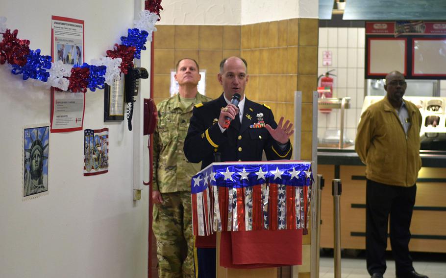 Col. Bill Williams, deputy chief of staff of U.S. Army Europe, speaks during a ceremony at the Strong Europe Cafe dining facility on Clay Kaserne in Wiesbaden, Germany, June 14, 2016. The ceremony commemorated the 241st anniversary of the founding of the U.S. Army.
