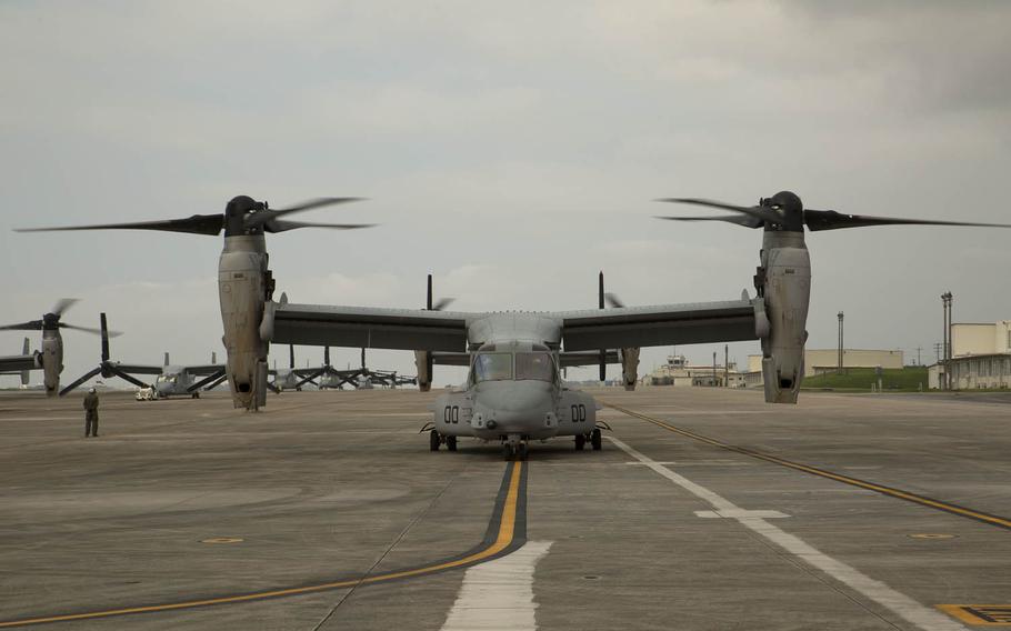 MV-22 Ospreys with Marine Medium Tiltrotor Squadron 265, 31st Marine Expeditionary Unit await the green light for takeoff April 17, 2016, at Marine Corps Air Station Futenma in Okinawa, Japan. Four out of five Okinawans oppose a plan to realign U.S. forces on the island prefecture and more than half want the Marine Corps to leave, according to a recent poll.
