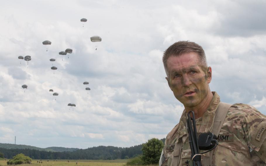 Maj. Gen. Richard Clark, commander of the 82nd Airborne Division, speaks to a crowd minutes after landing on the Hohenfels training area on Wednesday, June 15, 2016. Clark and elements from the 82nd were taking part in the second phase of the multinational training exercise Swift Response 16.
