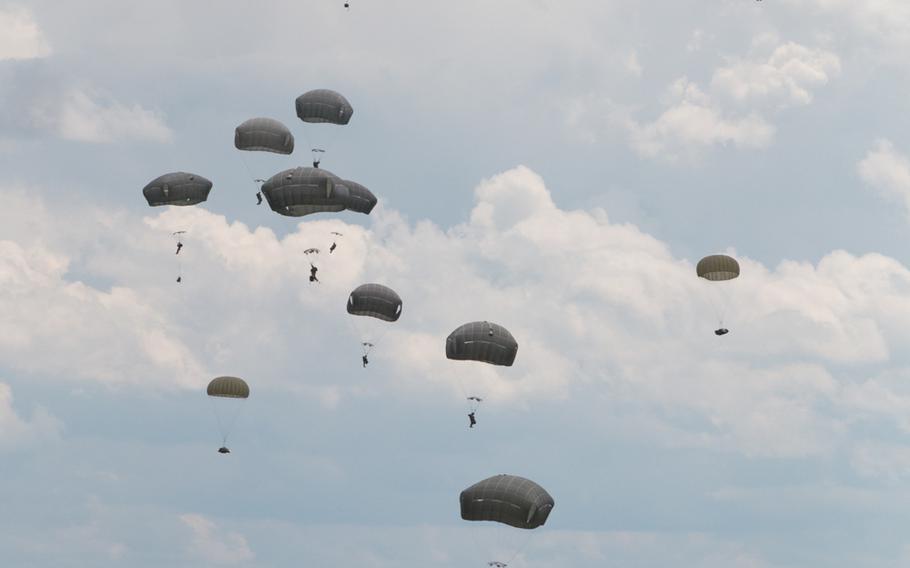 Nearly 400 paratroopers from the U.S. Army's 82nd Airborne Division leapt onto the Hohenfels training ground on Wednesday, June 15, 2016, as the second phase of the multinational training exercise Swift Response 16 began.