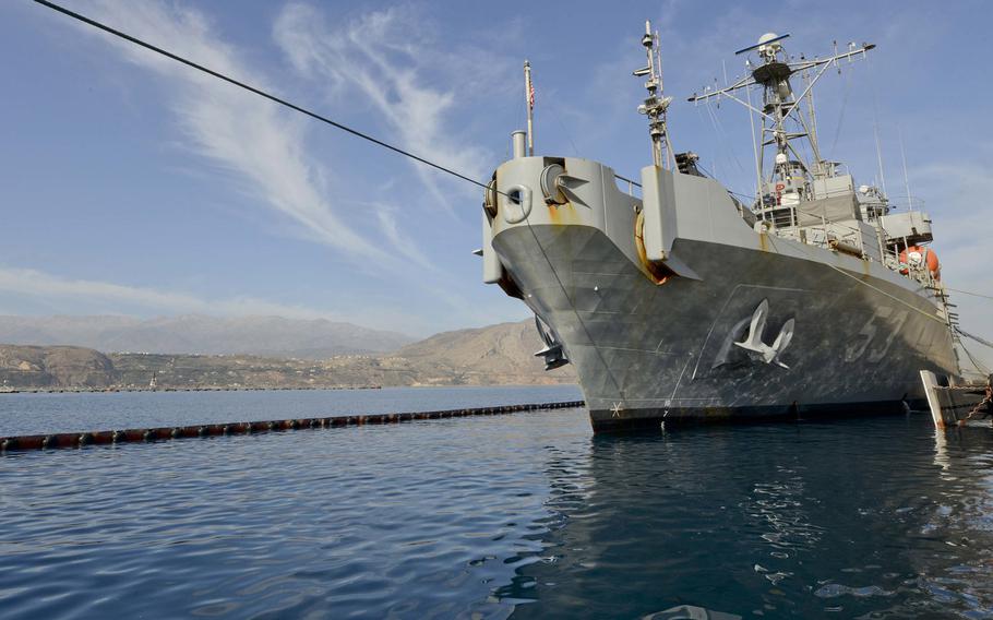 Military Sealift Command rescue and salvage ship USNS Grapple arrives in Souda Bay, Greece, for a port visit June 14, 2016. The ship has since departed Souda Bay en route to the Aegean Sea to support NATO-led efforts to assist in the migrant and refugee crisis, U.S. European command announced Thursday, June 16.