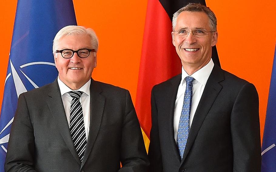 German Foreign Minister Frank-Walter Steinmeier and NATO Secretary-General Jens Stoltenberg at a meeting in Berlin in June 2015. In a newspaper interview published Sunday, June 19, 2016, Steinmeier spoke against what he deemed excessive military posturing and warmongering by NATO allies.