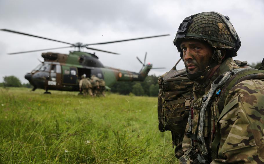 British army Pvt. Luke Benneti of the Parachute Regiment participates in the Swift Response 16 training exercise at the Hohenfels Training Area in Germany, on Friday, June 17, 2016. Analysts warn that a British vote to leave the EU also carries a series of potentially damaging security implications for the U.S. and its allies.