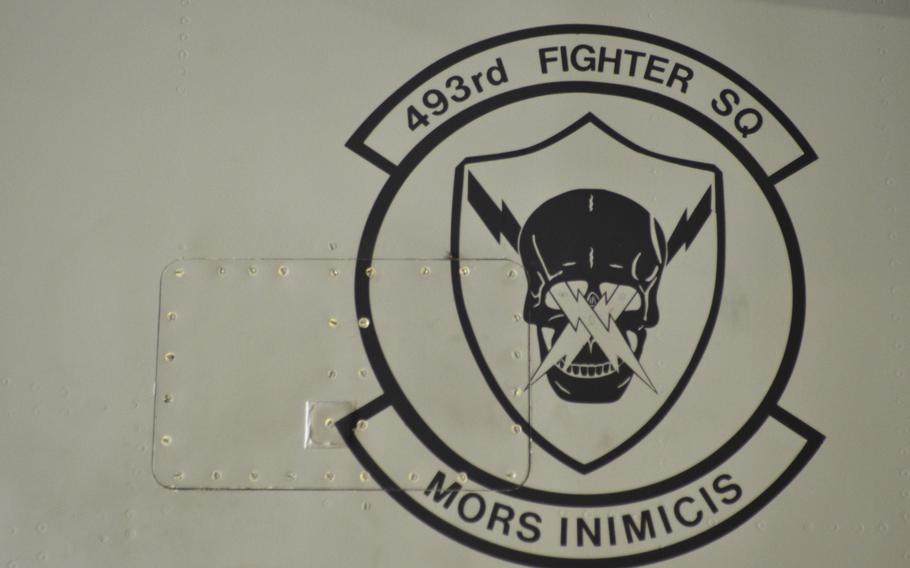 Logo on a side panel of an F-15C Eagle of the 493rd Fighter Squadron at RAF Lakenheath, Wednesday, June 22, 2016.  The squadron is capable of executing air superiority and air defense missions.