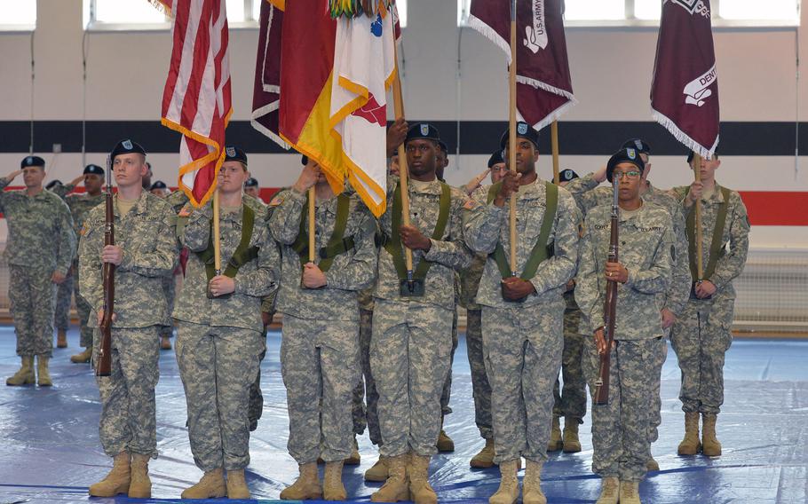 The Regional Health Command Europe's color guard at the unit's change of command ceremony in Sembach, Germany, Friday, June 24, 2016. Col. Dennis LeMaster took command from Brig. Gen. Norvell Coots.