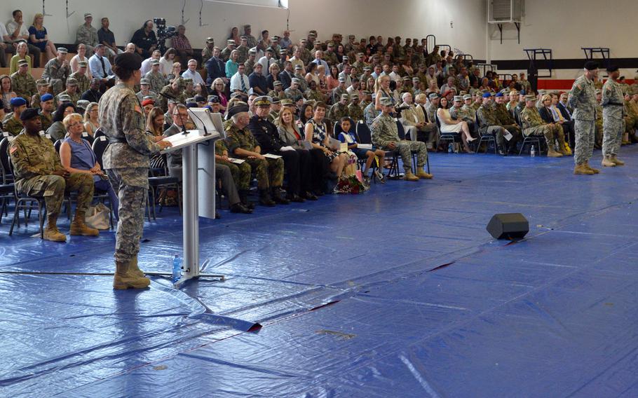 Lt. Gen. Nadja West,  the Army surgeon general and commander of U.S. Army Medical Command, speaks to soldiers and dignitaries at the Regional Health Command Europe's change of command ceremony in Sembach, Germany, Friday, June 24, 2016. Col. Dennis LeMaster took command from Brig. Gen. Norvell Coots.