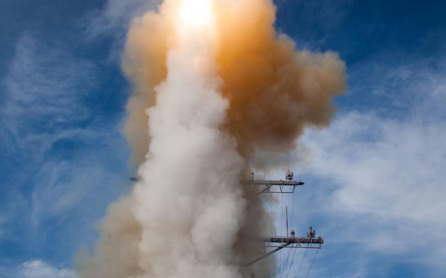 A Standard Missile-2 (SM-2) Block IIIA guided missile is launched from the USS John Paul Jones (DDG-53) during a Missile Defense Agency and U.S. Navy test over the Pacific Ocean by the Aegis Weapon System configured ship in November 2014. The U.S., Japan and South Korea are now conducting their first-ever trilateral missile defense exercise in Hawaii.

Leah Garton
U.S. Missile Defense Agency