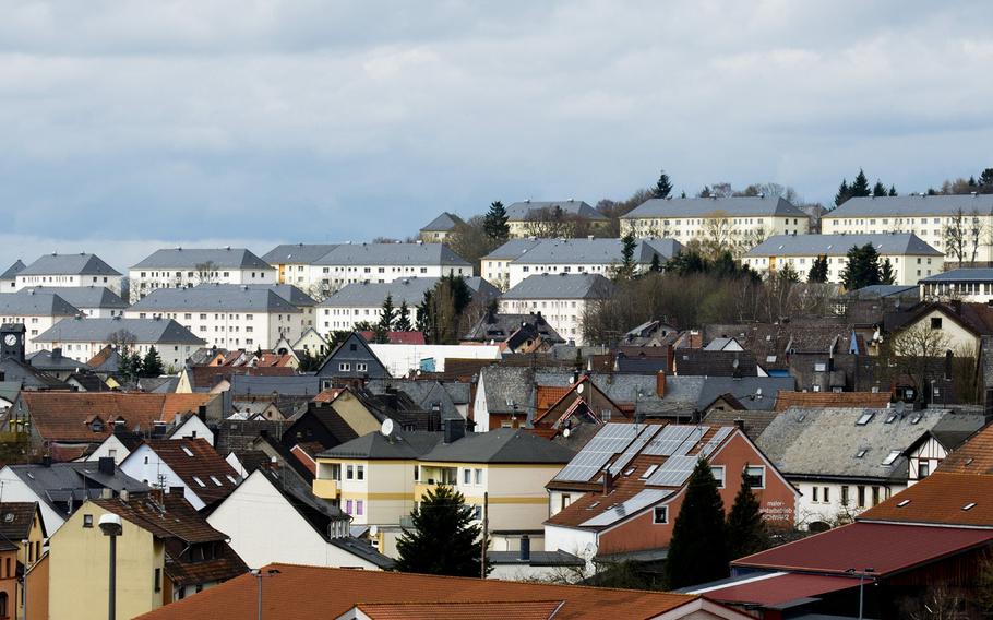 The U.S. Army Garrison Baumholder's Smith Barracks sits on the hill above Baumholder, Germany, seen here on Monday, April 4, 2016. 