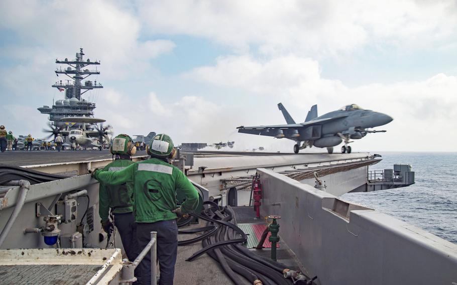 An F/A-18E Super Hornet assigned to the Sidewinders of Strike Fighter Squadron (VFA) 86 launches from the flight deck of the aircraft carrier USS Dwight D. Eisenhower, in the  Mediterranean Sea, Tuesday, June 28, 2016. The carrier group has started launching strike missions from the Mediterranean against the Islamic State targets in Iraq and Syria.