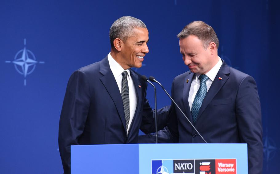 President Barack Obama and Polish President Andrzej Duda after making a statement Friday, July 8, 2016, during the NATO Summit in Warsaw, Poland.