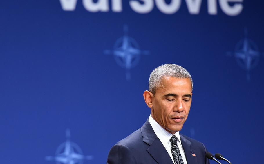 President Barack Obama speaks Friday, July 8, 2016, at the NATO Summit in Warsaw, Poland. He announced the U.S. will add a battalion of Army soldiers and headquarter a rotational brigade combat team in Poland next year.