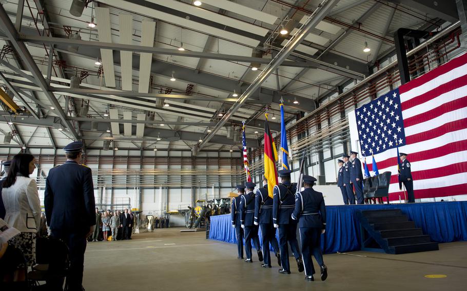 U.S. Air Forces in Europe honor guard present the colors during the 86th Airlift Wing change-of-command ceremony at Ramstein Air Base, Germany, on Wednesday, Aug. 17, 2016. Brig. Gen. Richard Moore took over command of the wing from Brig. Gen. Jon Thomas.