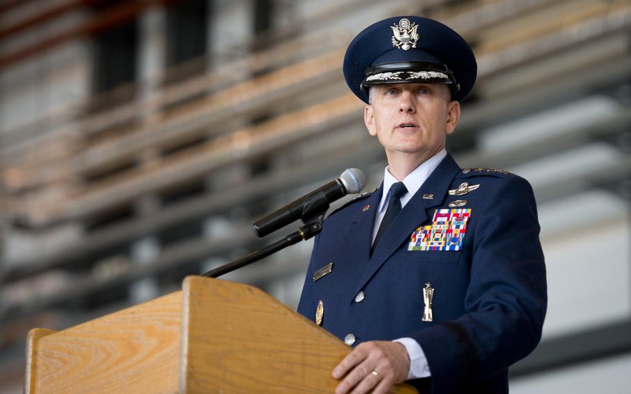 Lt. Gen. Timothy Ray, 3rd Air Force commander, speaks during the 86th Airlift Wing change-of-command ceremony at Ramstein Air Base, Germany, on Wednesday, Aug. 17, 2016.