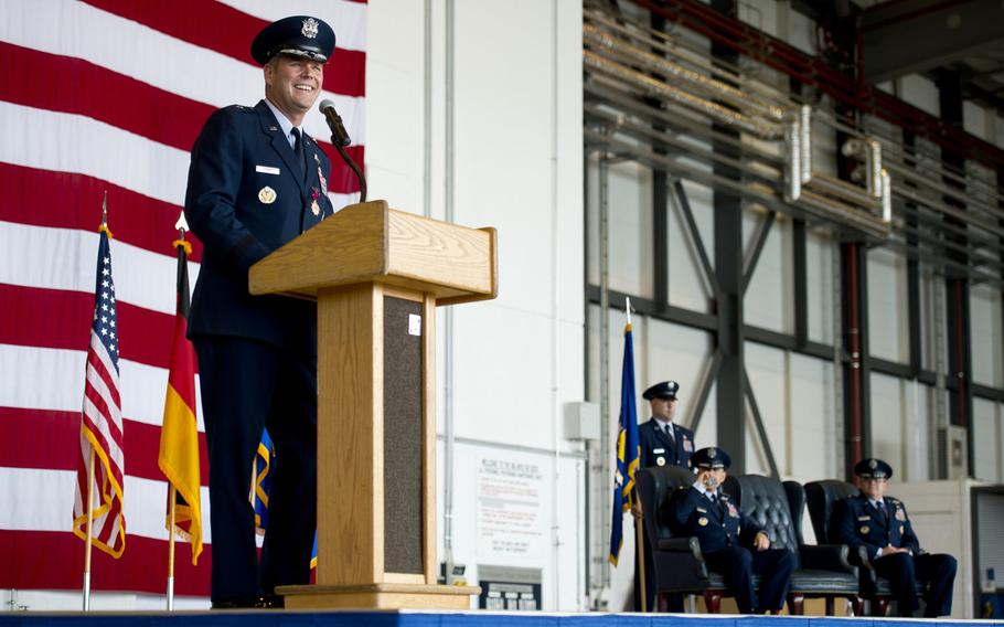 Brig. Gen. Jon Thomas, outgoing 86th Airlift Wing commander, speaks during the wing's change-of-command ceremony at Ramstein Air Base, Germany, on Wednesday, Aug. 17, 2016.