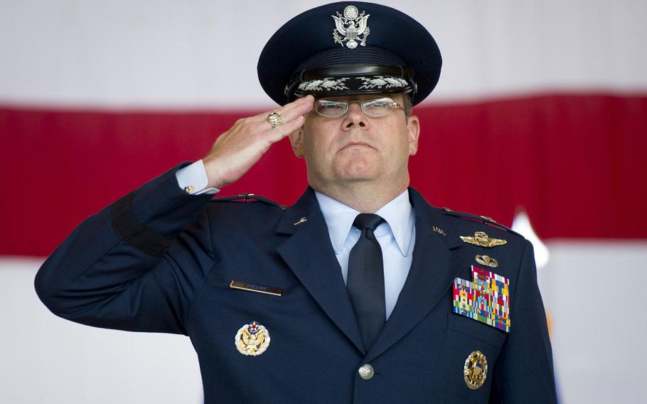 Brig. Gen. Richard Moore, 86th Airlift Wing commander, delivers his first salute during the wing's change-of-command ceremony at Ramstein Air Base, Germany, on Wednesday, Aug. 17, 2016.