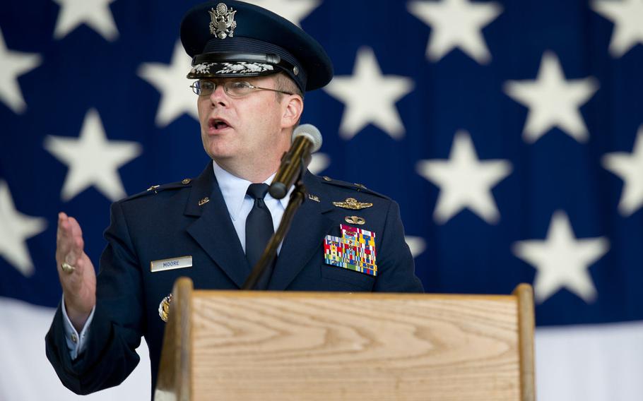 Brig. Gen. Richard Moore, 86th Airlift Wing commander, speaks during the wing's change-of-command ceremony at Ramstein Air Base, Germany, on Wednesday, Aug. 17, 2016.